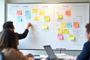 Whiteboard med strategianteckningar och post-its